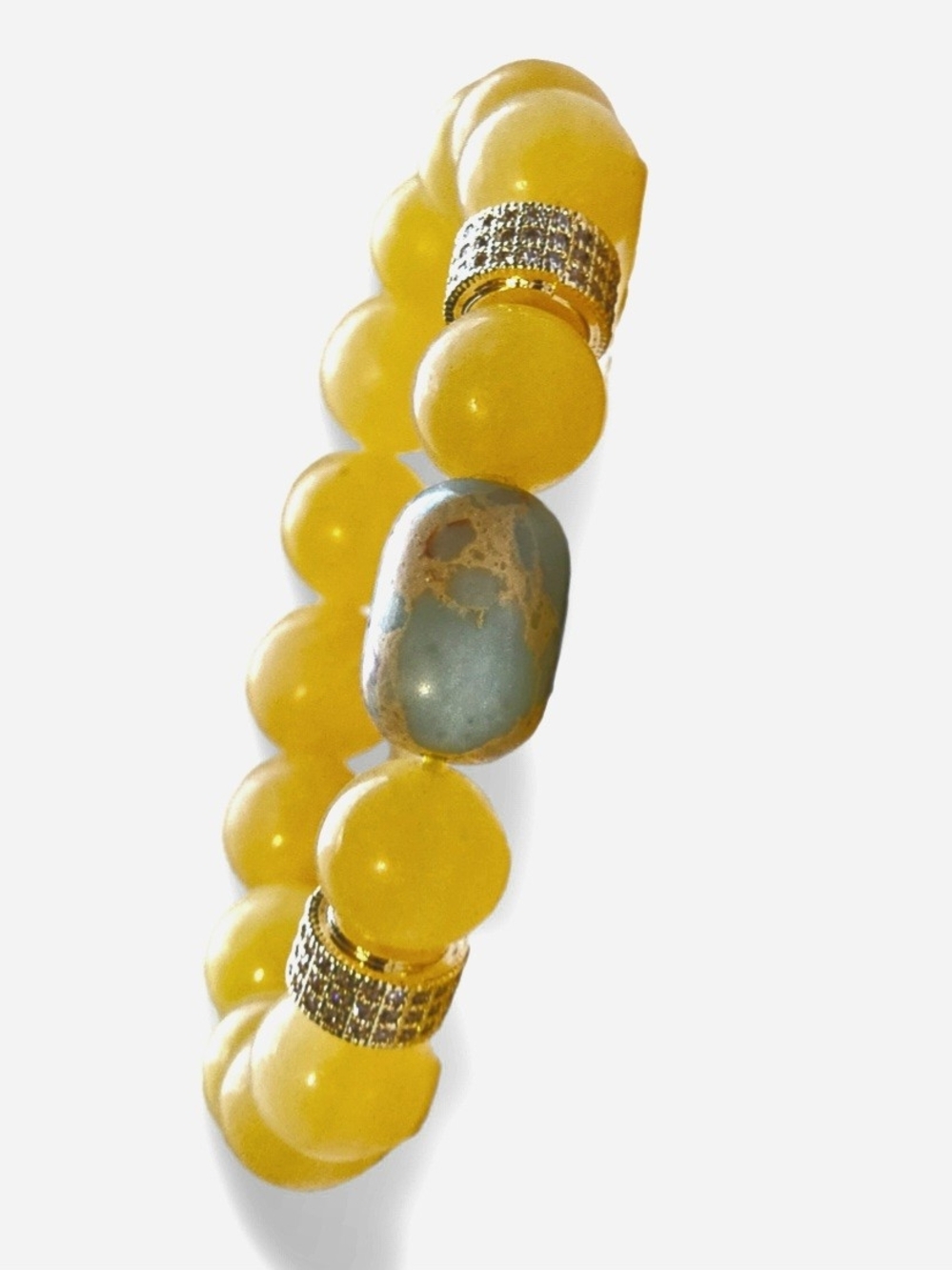 Yellow Beaded Stretch Bracelet with Turquoise Accent and Gold Rings